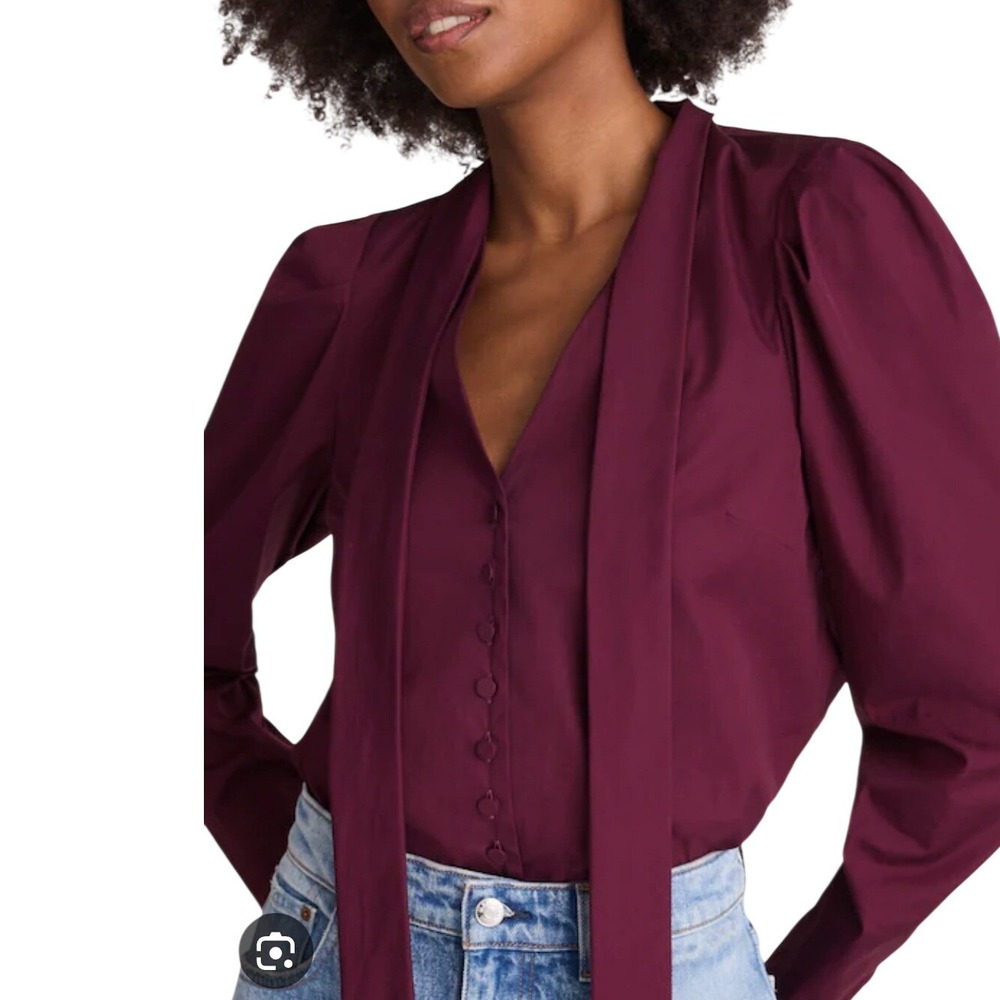 Madewell NEW V-Neck Tie-Neck Button-Front Top Burgundy XXS Luxury Minimalist